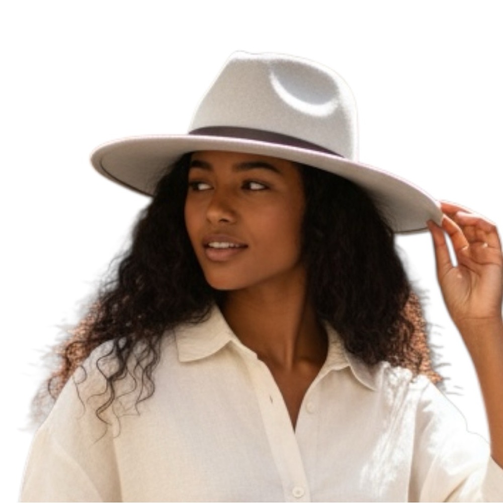 Free People Wyeth Ivory Tan Fedora Boho Western Hat Brown Band NWOT OS